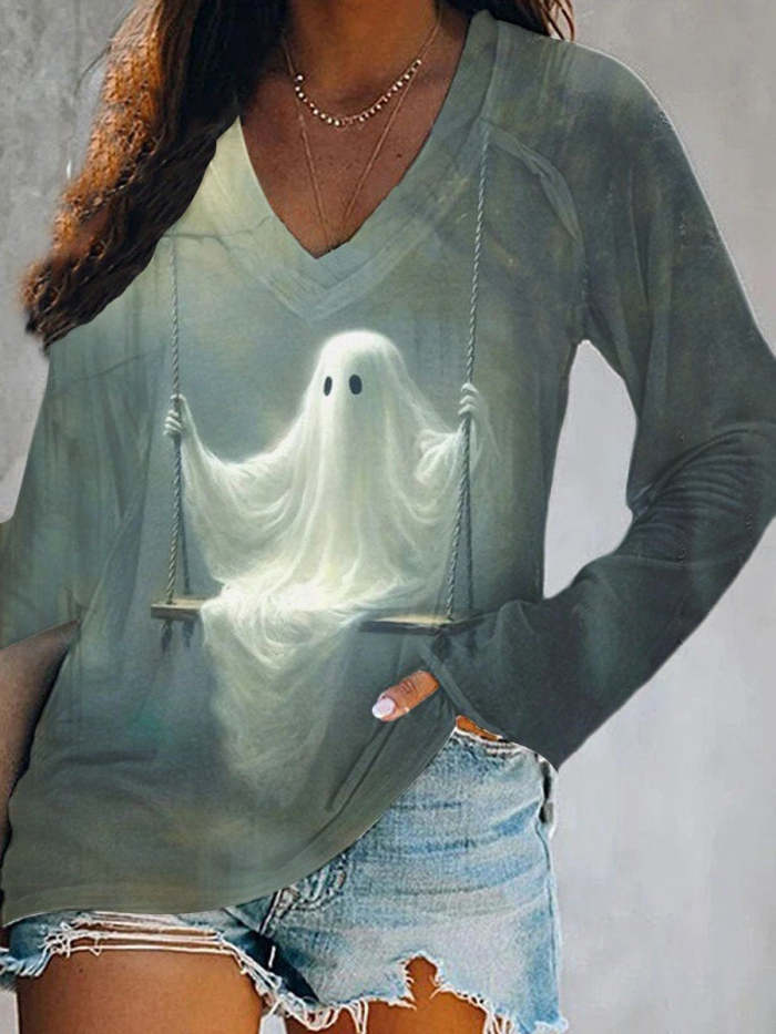 Women's Halloween Ghost Print V Neck Casual Long Sleeve Top