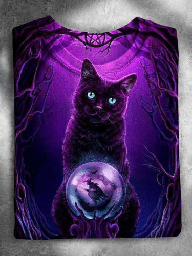 Witch Black Cat Magic Halloween Casual Print T-shirt