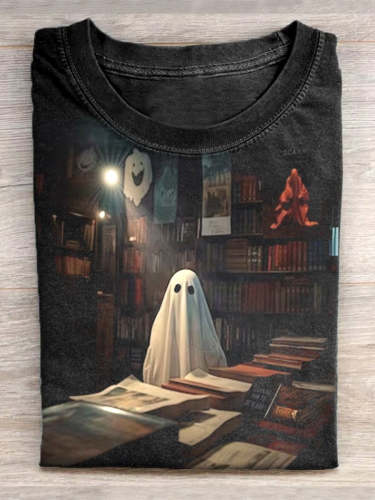 Halloween Bookstore Ghost Artistic T-shirt