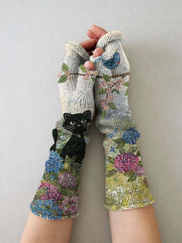 Women's Knit Vintage Black Cat Flower Art Printing Fingerless Gloves