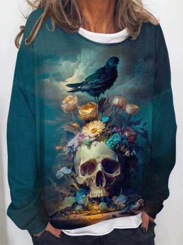 Women's Halloween Skeleton Crow Art Design Casual Sweatshirt