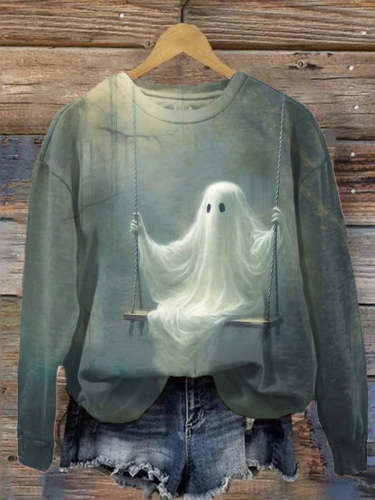 Ghost Painting Candle Print Long Sleeve Sweatshirt