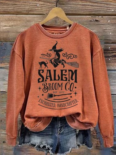 Women's Halloween Salem Broom Co.EST.1976 Enchanted Handcrafted Print Casual Sweatshirt