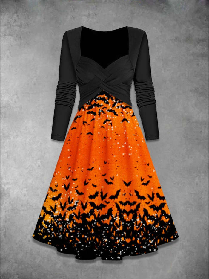 Women's Halloween Bat Print Swing Casual Maxi Dress