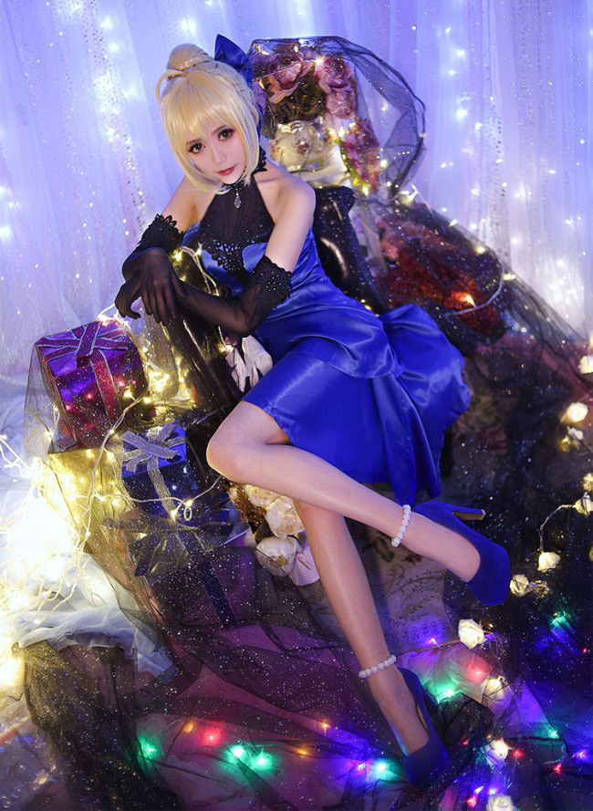 Fate Grand Order/ Extella Saber Blue Dress Cosplay Costume