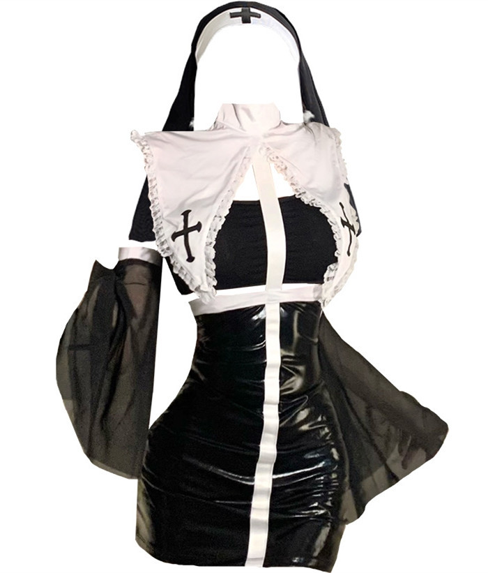 Fallen Nun Sexy PU Nun Cosplay Costume