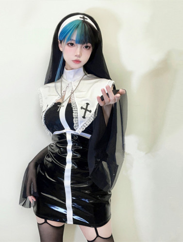 Fallen Nun Sexy PU Nun Cosplay Costume