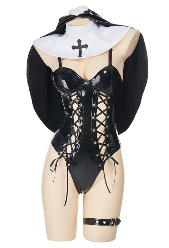 Nun of Midnight Sexy Black Lace Up Nun Jumpsuit Cosplay Costume