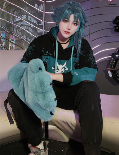 Genshin Impact Xiao Derivative Pullover Hooded Sweatshirt Hoodie with Detachable Furry Kawaii Cat Paw Gloves