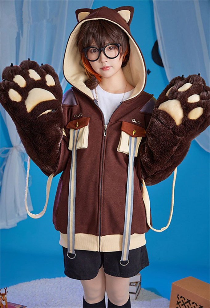 Genshin Impact Zhongli Derivative Pullover Hooded Sweatshirt Hoodie with Detachable Bag Design Furry Paw Gloves Kawaii Fox Ear