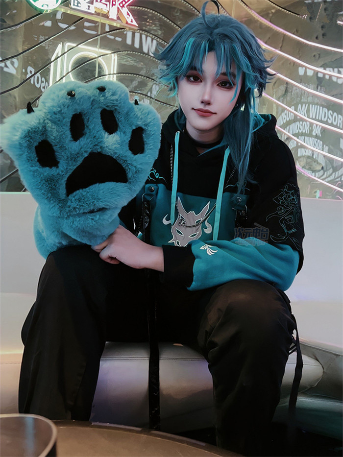 Genshin Impact Xiao Derivative Pullover Hooded Sweatshirt Hoodie with Detachable Furry Kawaii Cat Paw Gloves