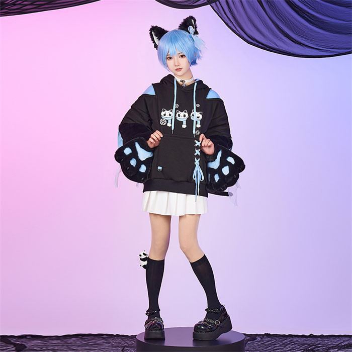 Cat Ear Shape Pullover Hooded Sweatshirt Hoodie with Detachable Sleeves and Skeleton Furry Kawaii Cat Paw