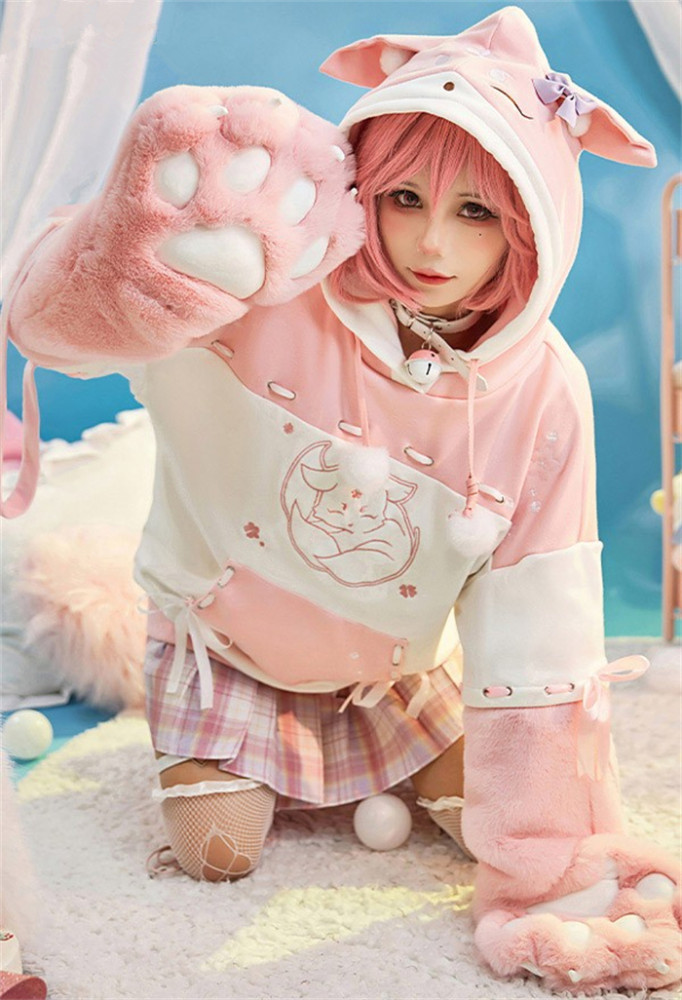 Genshin Impact Yae Miko Derivative Pullover Hoodie with Detachable Bag Design Furry Cat Paw Gloves Fox Style Hooded Sweatshirt