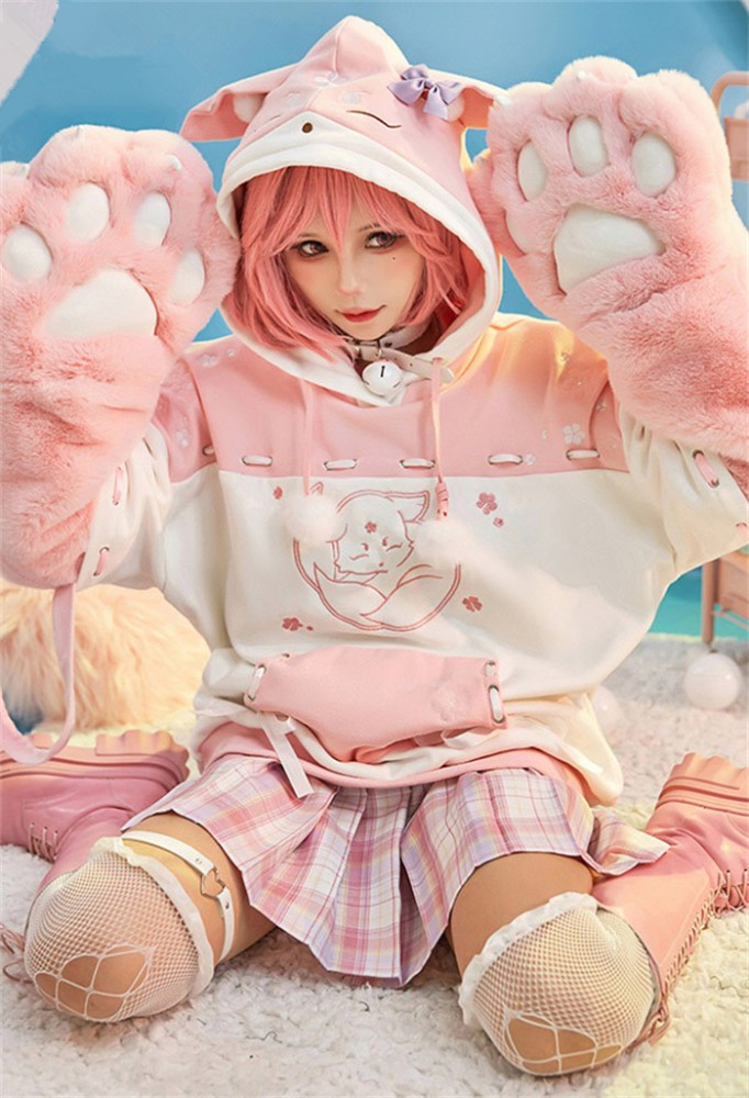 Genshin Impact Yae Miko Derivative Pullover Hoodie with Detachable Bag Design Furry Cat Paw Gloves Fox Style Hooded Sweatshirt