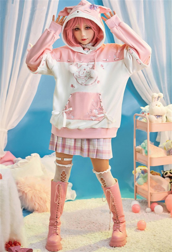 Genshin Impact Yae Miko Derivative Pullover Hoodie with Detachable Bag Design Furry Cat Paw Gloves Fox Style Hooded Sweatshirt