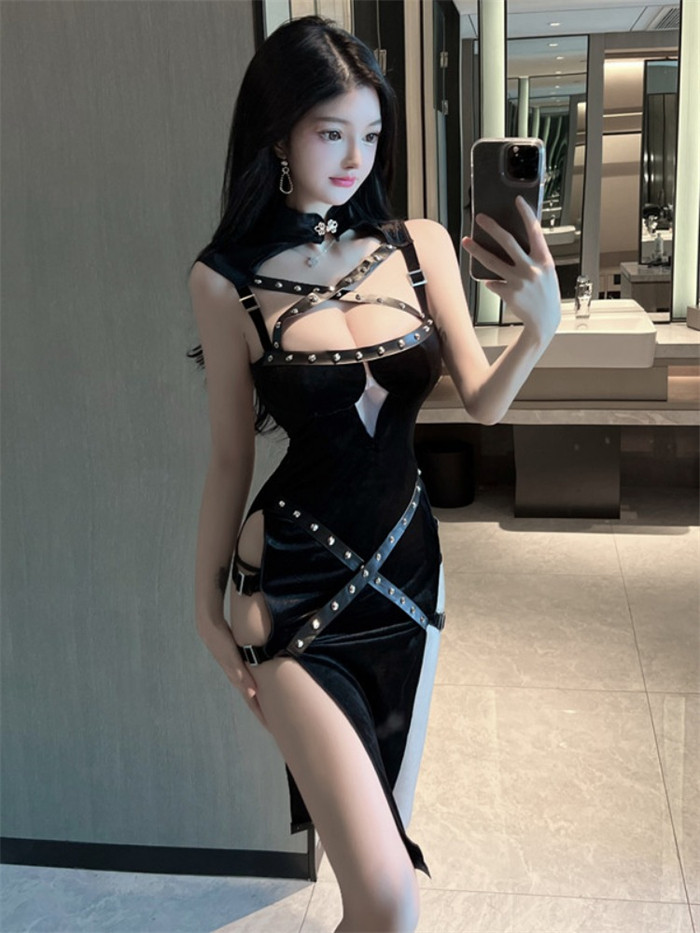 Sexy Club Hollow Out High Split Black Dress Costume