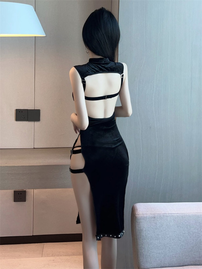 Sexy Club Hollow Out High Split Black Dress Costume