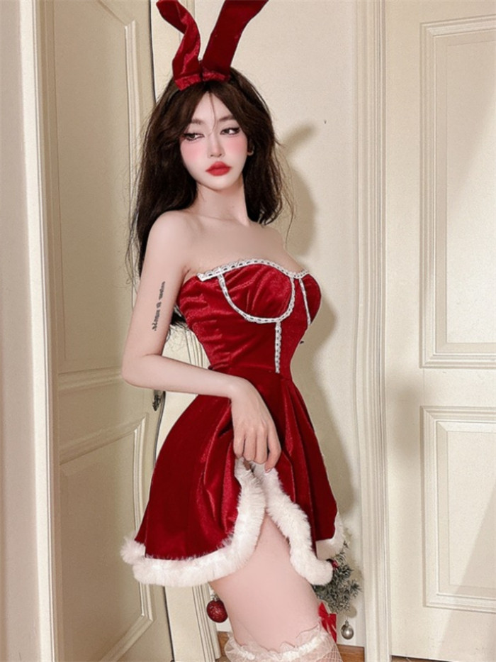 Cute Sexy Christmas Club New Year Red Fluffy Strapless Dress Costume