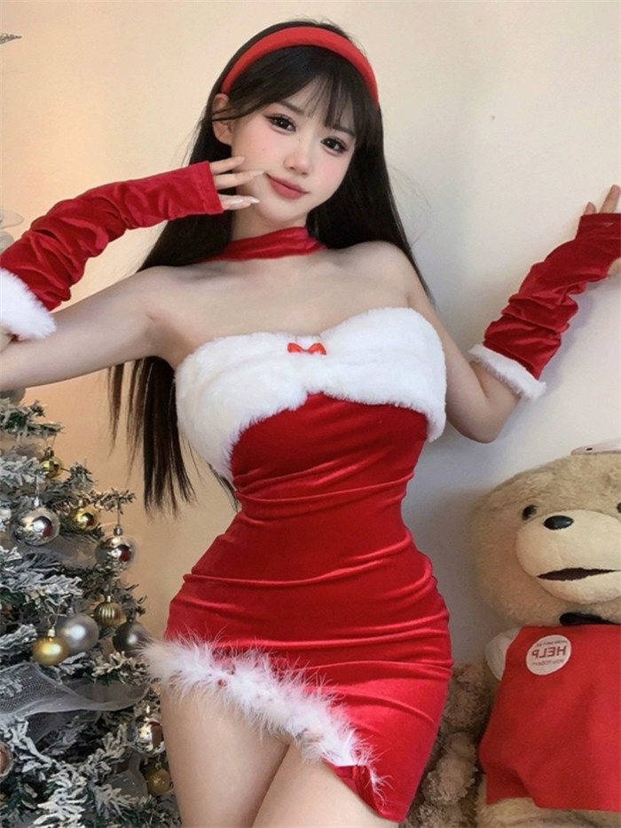 Cute Sexy Christmas Club Fluffy Strapless Dress Costume