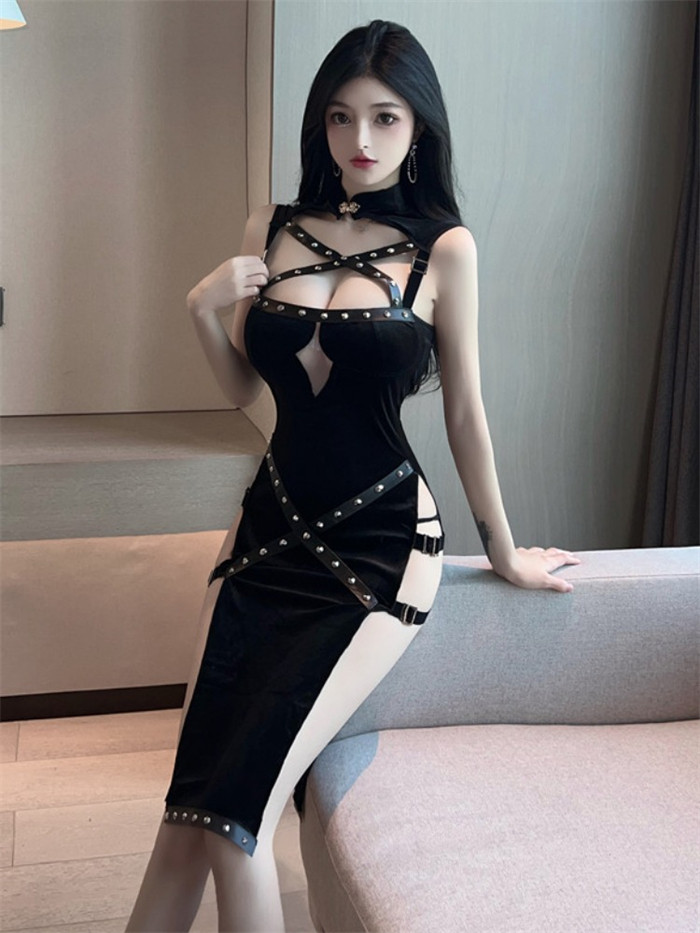 Sexy Club Hollow Out High Split Black Dress Costume