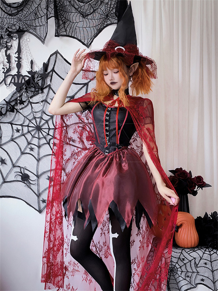 Sexy Adult Party Red Magician Witch Dress Death Vampire Witch Outfits Halloween Costume