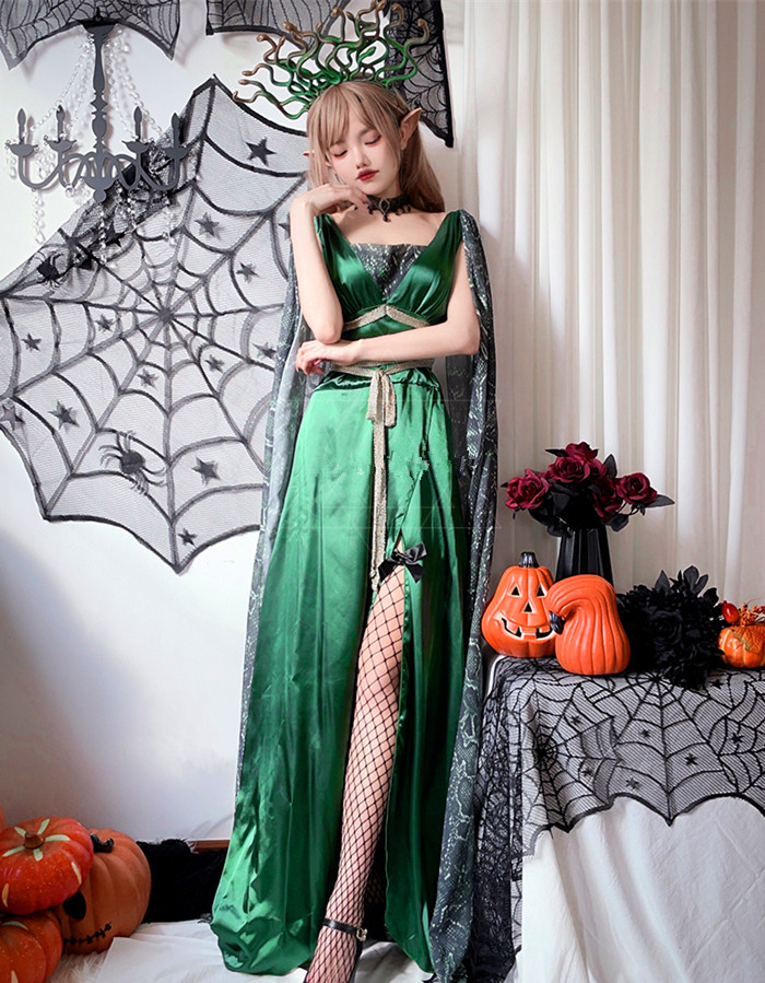 Adult Greek Mythology Siren Costume Medusa Snake Print Cloak Long Dress Halloween Costume