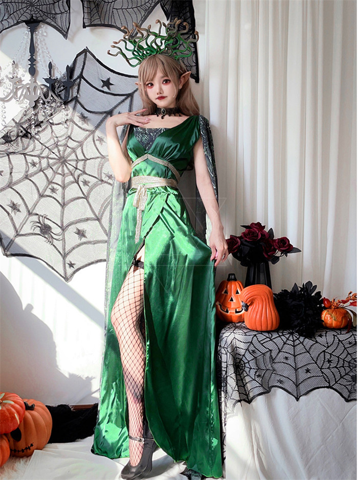 Adult Greek Mythology Siren Costume Medusa Snake Print Cloak Long Dress Halloween Costume