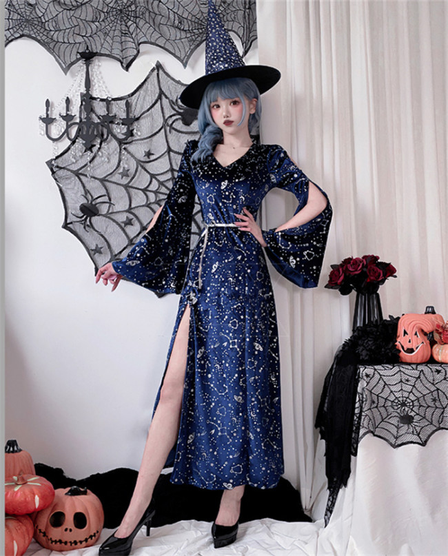 Sexy Adult Party Magician Witch Split Dress Vampire Witch Long Dress Halloween Costume