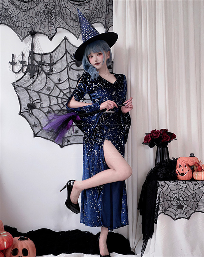 Sexy Adult Party Magician Witch Split Dress Vampire Witch Long Dress Halloween Costume