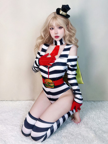 Sexy Adult Party Circus Striped Clown Jumpsuit Halloween Costume