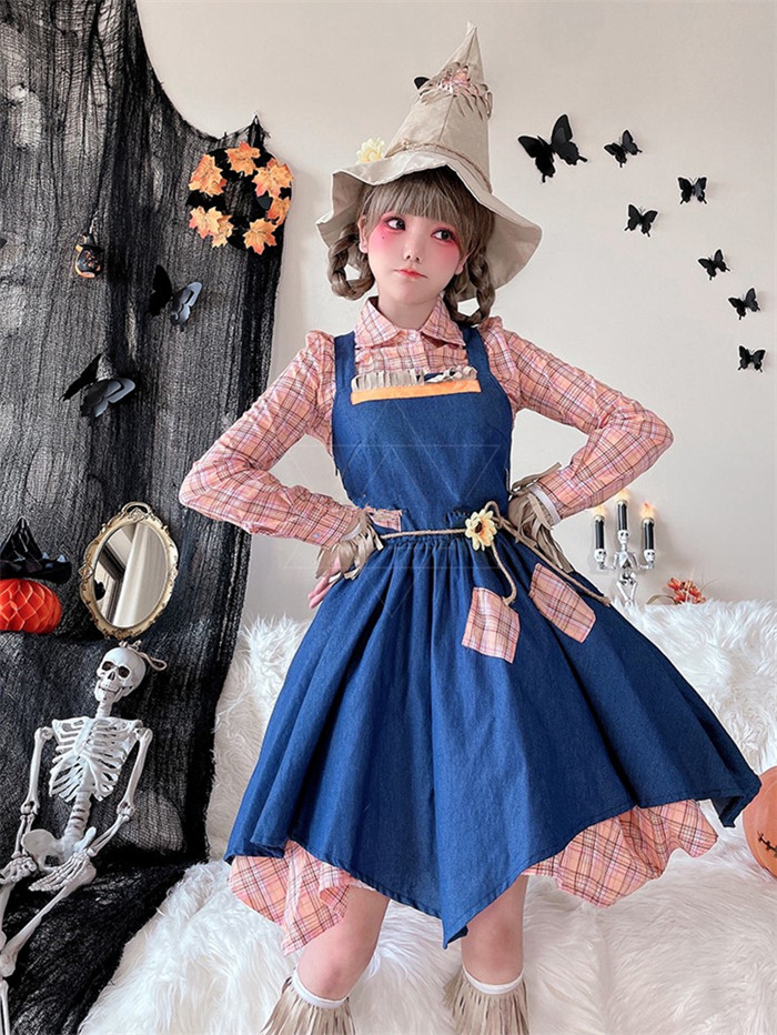 Stage Drama Costume Adult Farm Maid Scarecrow Witch Dress Halloween Costume