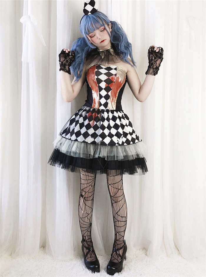 Sexy Adult Party Clown Strapless Witch Demon Dress Halloween Costume