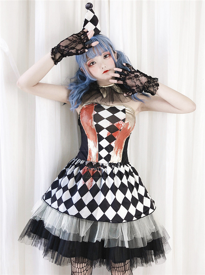 Sexy Adult Party Clown Strapless Witch Demon Dress Halloween Costume