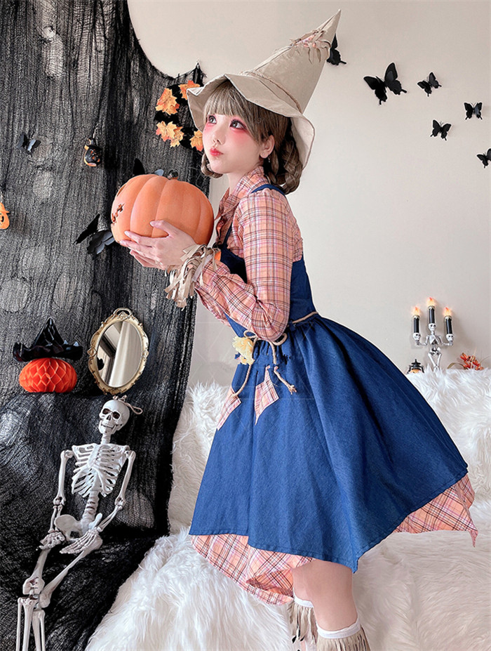 Stage Drama Costume Adult Farm Maid Scarecrow Witch Dress Halloween Costume