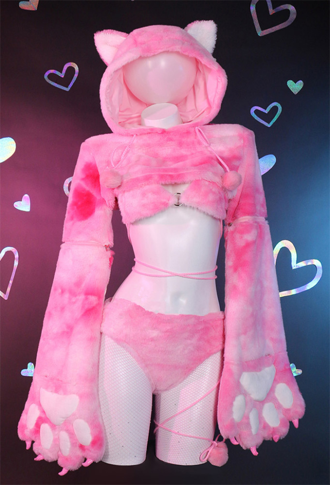 Sexy Cute Lingerie Set Cat Pink Paw Furry Outfits Costume