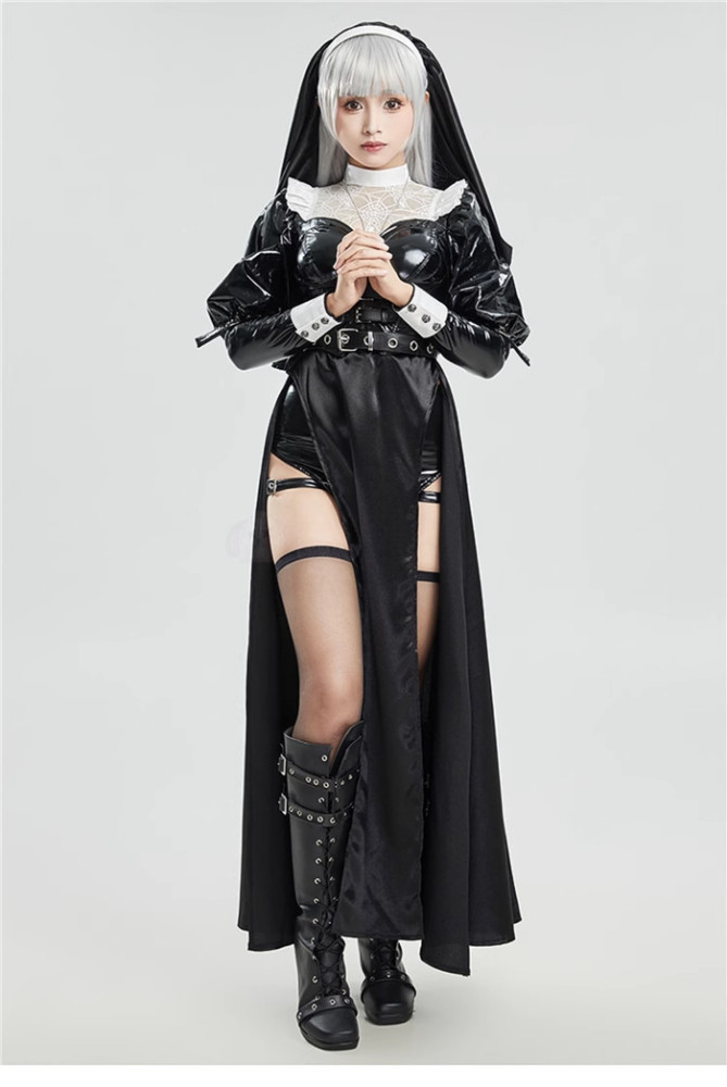 Halloween Gothic Nun PU Cosplay Costume