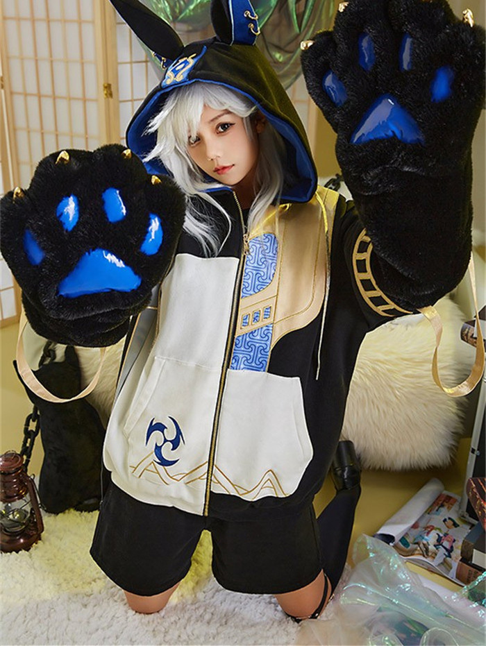 Genshin Impact Cyno Derivative Pullover Sweatshirt Hoodie with Detachable Furry Paw Gloves