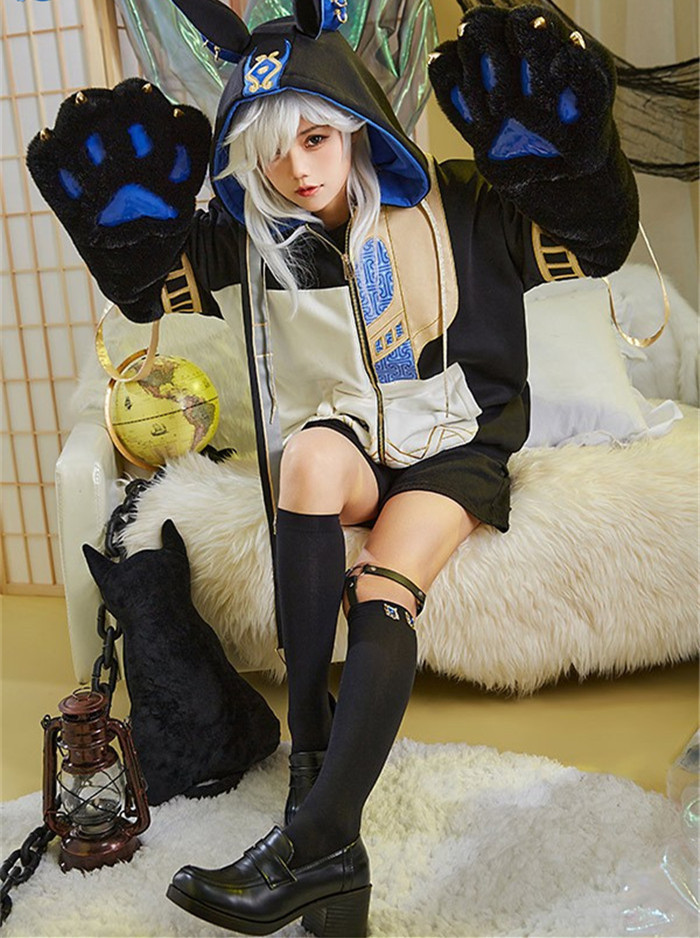 Genshin Impact Cyno Derivative Pullover Sweatshirt Hoodie with Detachable Furry Paw Gloves