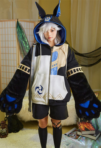 Genshin Impact Cyno Derivative Pullover Sweatshirt Hoodie with Detachable Furry Paw Gloves