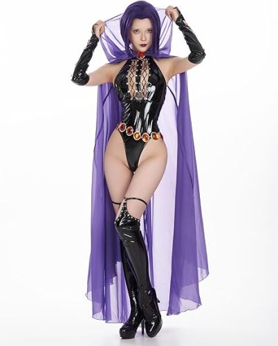 Gothic Sexy Teen Titans Go Raven PU Leather Bodysuit Halloween Cosplay Costume