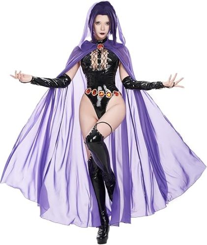 Gothic Sexy Teen Titans Go Raven PU Leather Bodysuit Halloween Cosplay Costume