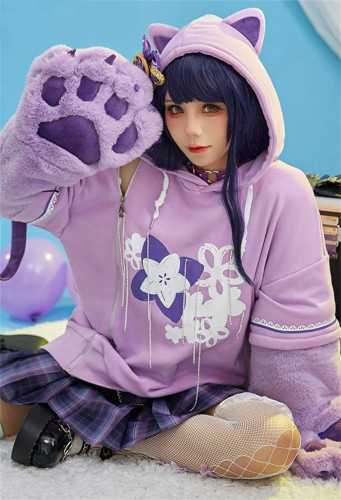 Genshin Impact Raiden Shogun Cosplay Derivative Pullover Hoodie with Detachable Bag Design Furry Paw Gloves Hooded Sweatshirt
