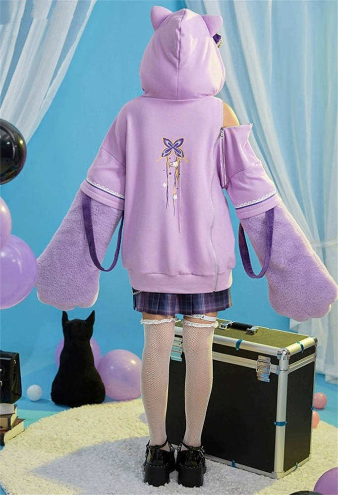 Genshin Impact Raiden Shogun Cosplay Derivative Pullover Hoodie with Detachable Bag Design Furry Paw Gloves Hooded Sweatshirt
