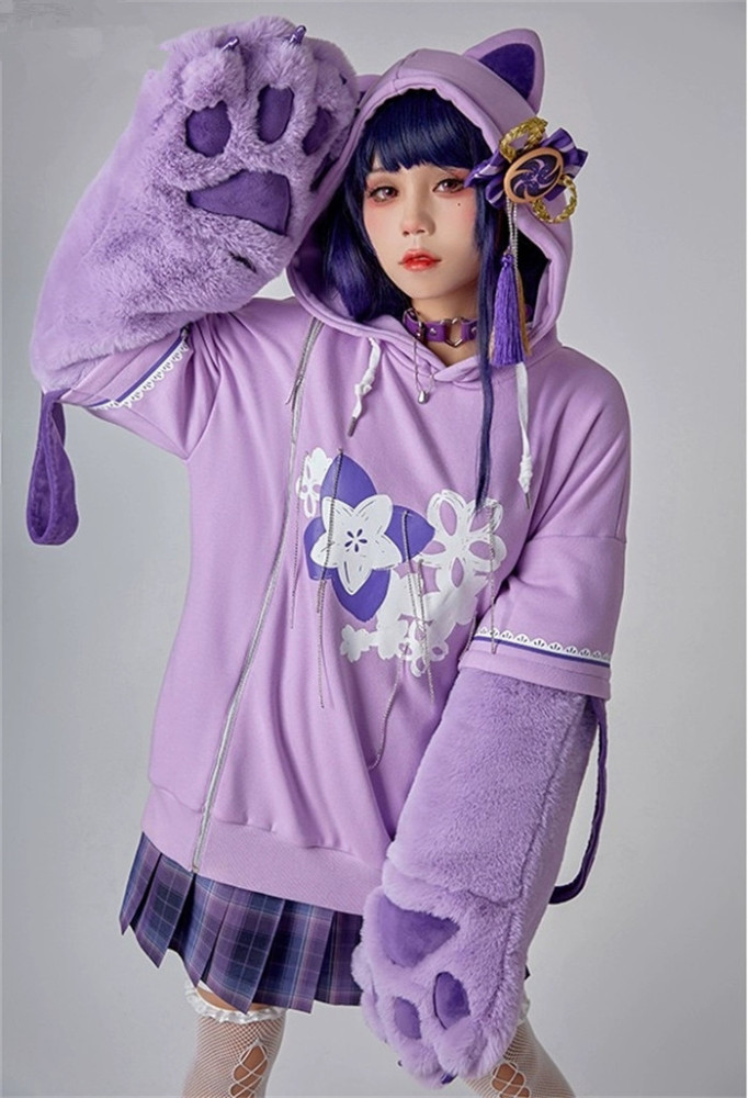 Genshin Impact Raiden Shogun Cosplay Derivative Pullover Hoodie with Detachable Bag Design Furry Paw Gloves Hooded Sweatshirt