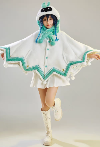 Genshin Impact Venti Cosplay Derivative Plush Wool Cape Coat Kawaii Hooded Cloak