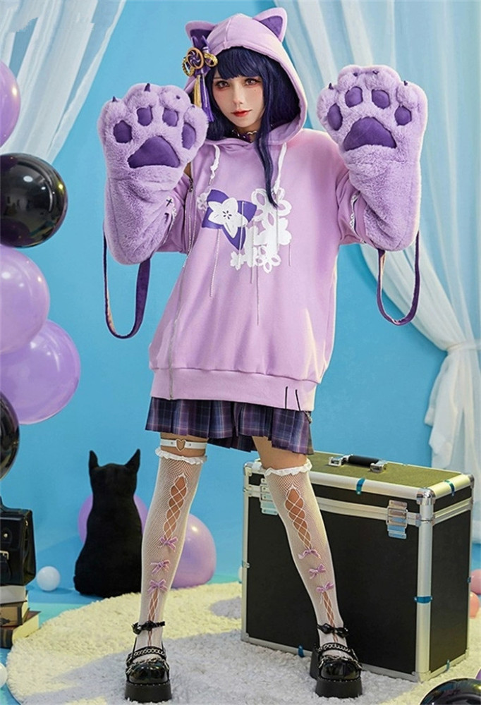 Genshin Impact Raiden Shogun Cosplay Derivative Pullover Hoodie with Detachable Bag Design Furry Paw Gloves Hooded Sweatshirt