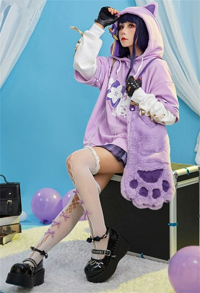 Genshin Impact Raiden Shogun Cosplay Derivative Pullover Hoodie with Detachable Bag Design Furry Paw Gloves Hooded Sweatshirt