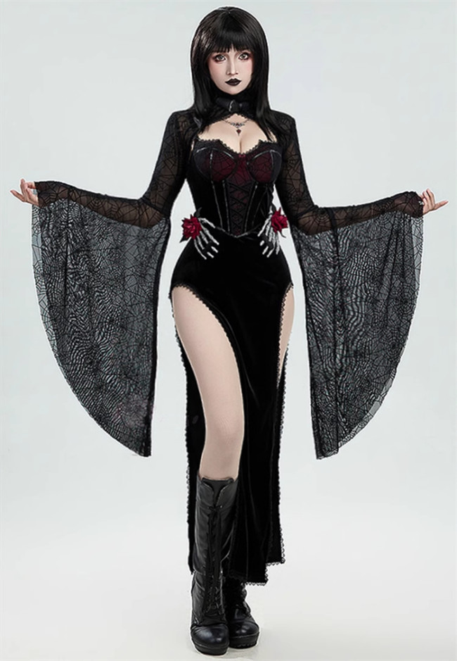 Sexy Elegant Black Spider Web Skull Rose Decoration Gothic Style Vampire Halloween Slit Dress Costume