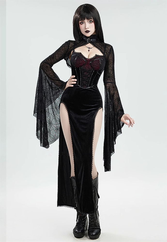 Sexy Elegant Black Spider Web Skull Rose Decoration Gothic Style Vampire Halloween Slit Dress Costume