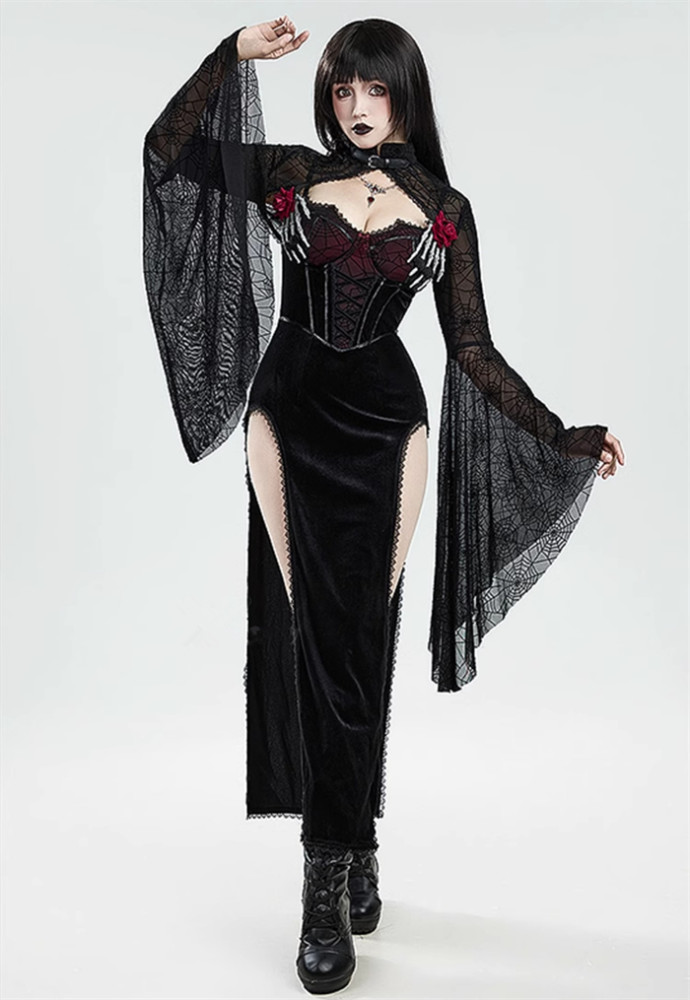 Sexy Elegant Black Spider Web Skull Rose Decoration Gothic Style Vampire Halloween Slit Dress Costume